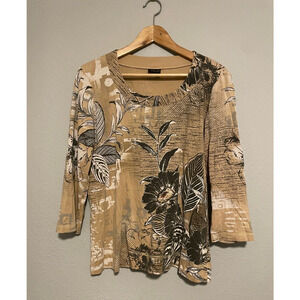 Womens Top Size Large Brown Floral Rhinestone 3/4 Sleeve Forest Fairy Grunge Y2K